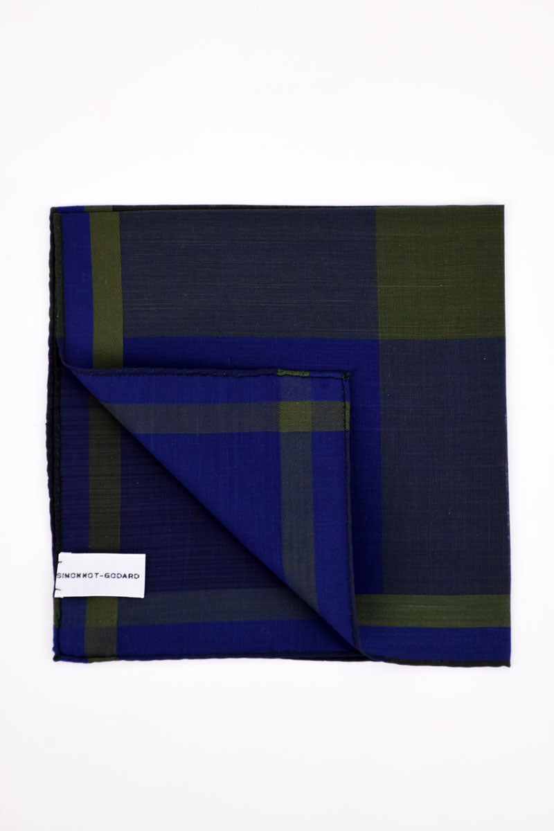 Blue and green checkered pochette by Simonnot Godard, stylish Ardentes Clipei accessory with elegant fabric design.