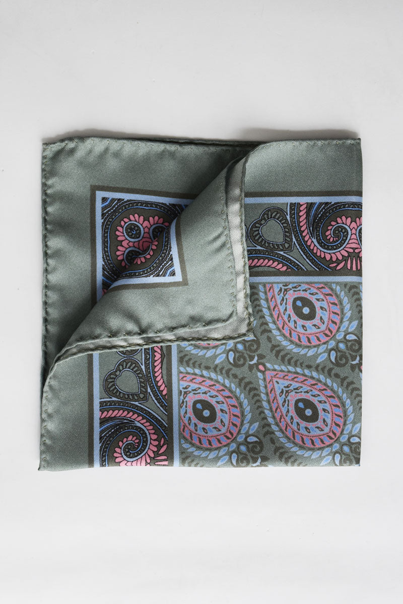 Ardentes Clipei floral silk pochette in water green with vibrant floral motif, elegant and lightweight accessory for occasions.