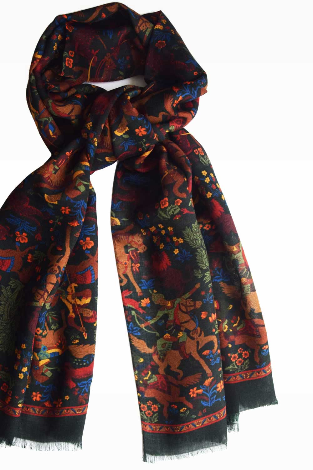 Écharpe en laine verte – motif Mughal Hunter chasse Empire Mongol, bords roulés main, franges, fabriquée en Italie, Ardentes Clipei