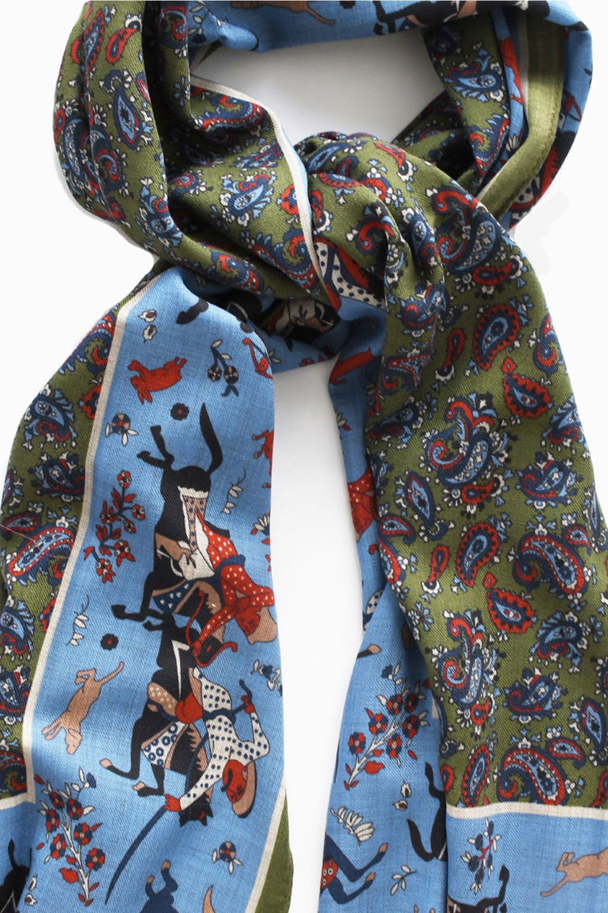 Écharpe Bleu Vert à Motif Chasseur Mongol et Paisley – Ardentes Clipei
