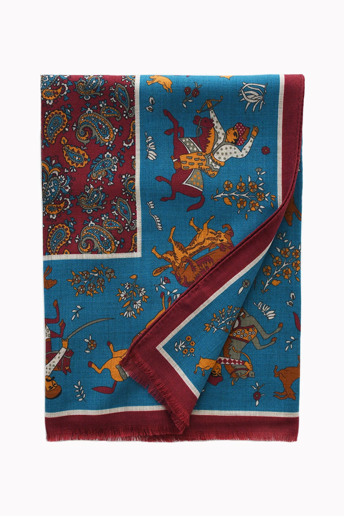 Écharpe laine et yack turquoise foncé – motifs Paisley et chasse Empire Mongol, bords roulés main, franges, fabriquée en Italie, Ardentes Clipei