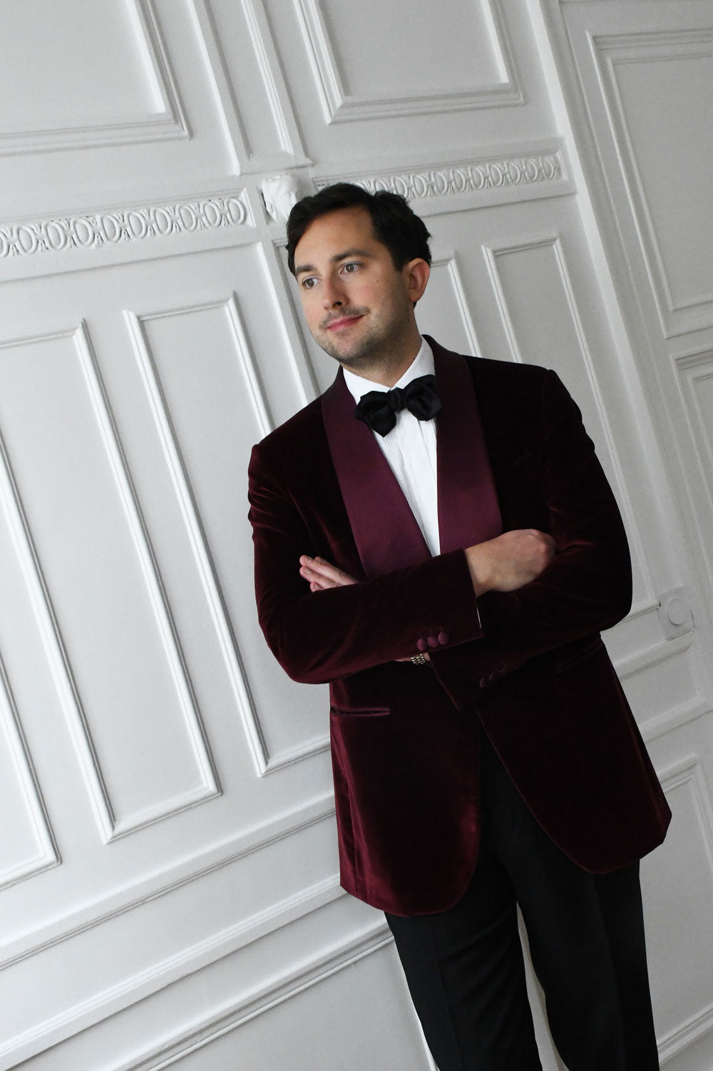 Veste de smoking en velours bordeaux pour mariage, col châle, nœud papillon noir