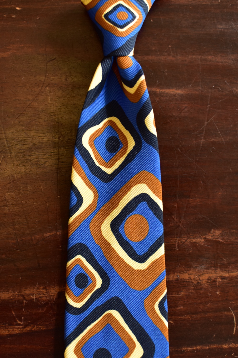 cravate 5 plis soie carres vintage bleu orange