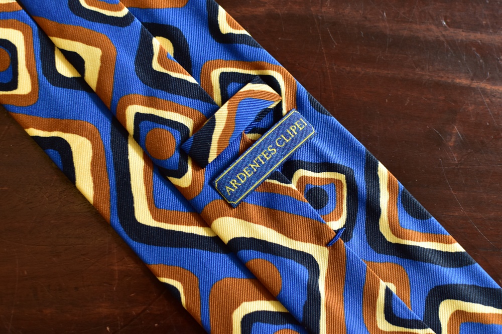 cravate 5 plis soie carres vintage bleu orange